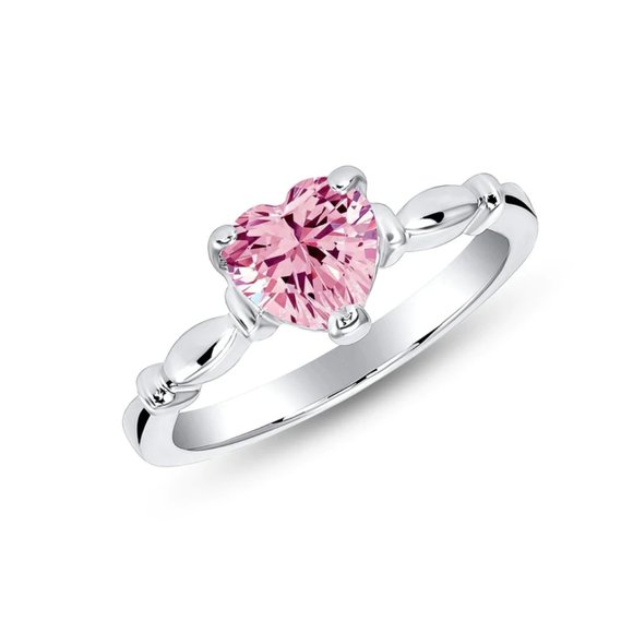 Sterling Silver 925 Rhodium Plated Pink Center CZ Heart Ring size 5 6 7 8 9 - Picture 1 of 3